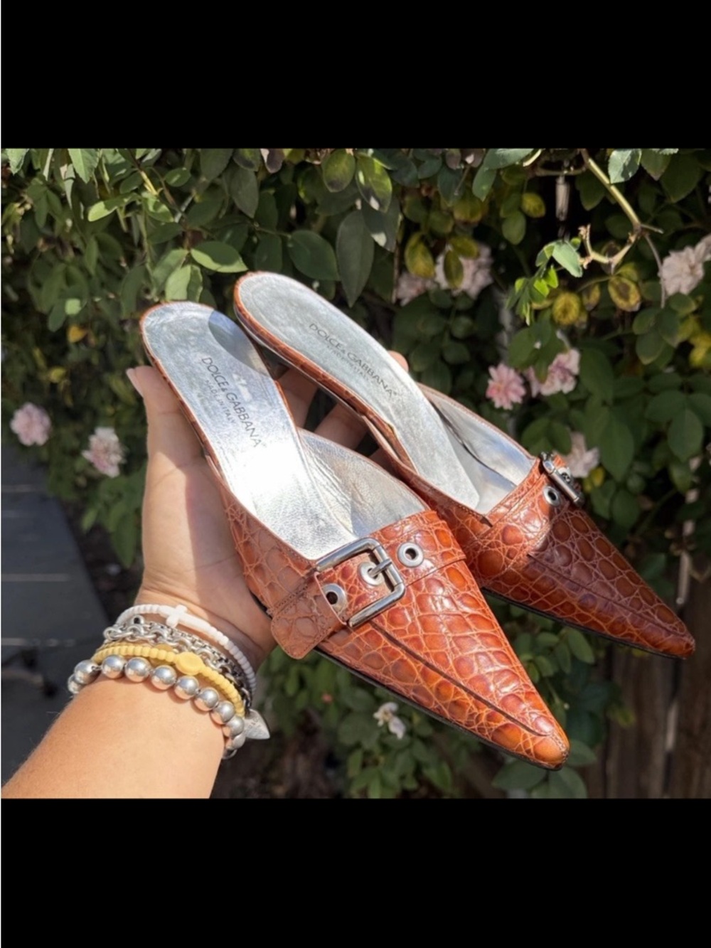 Dolce & Gabbana Croc-Embossed Pointed Mule in Cognac